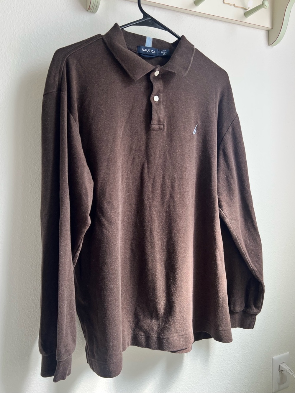 Nautica Men's Dark Brown Long Sleeve Polo with Light Blue Logo